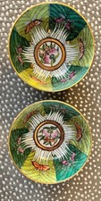 Vintage Famille Verte Bok Choy Hand Painted Bowls (2) Butterflies Hong Kong 4.5” picture