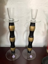 VTG.MOMO PANACHE hand blown Romanian holder set of 2 BLACK/GOLD Striped glass picture