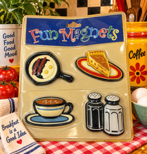 NEW Vtg Fun Magnets Food Fridge Magnet Set Bacon Eggs Pie Coffee Salt Pepper picture