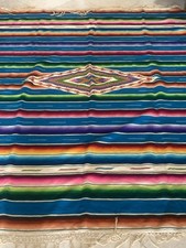 Mexican Serape SALTILLO  Striped Blanket, Diamond Motif, Fringe VTG 1950’S CLEAN picture