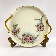 Antique P.S. Germany Hand-Painted Porcelain Plate Pink Floral Gold Trim Signed picture