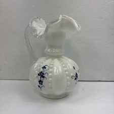Vintage Fenton Silver Crest Beaded Ruffle Top Melon Pitcher Handpainted Signed picture