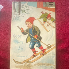 Vtg Original Godt Nytt År Children Skiing Postcard, by artist Jenny Nystrom picture