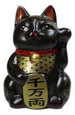 Japanese Lucky Charm Black Beckoning Cat Maneki Neko Ceramic Money Bank 6