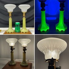 Rewired Pair HOUZEX Antique Vtg Uranium Vaseline Glass Boudoir Table Lamps Deco picture
