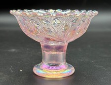 Vintage Pink Carnival Glass Pedestal Open Salt Nut Dish Leaf Vine Patternnt picture