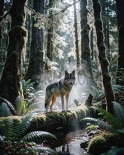 Majestic Wolf Mossy Ancient Forest Mist Stream Fantasy Art Print picture