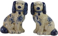 Hand Painted Blue and White Porcelain Dog Pair of Small Figurines Home Décor picture