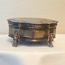 Vintage Silver-Tone Metal Hinged Trinket Box on Lion Feet w/ Blue Velvet Lining picture