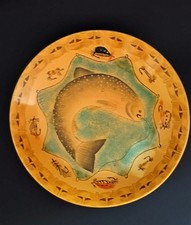 Art Pottery Plate Fish Design w/Fishing Flies as Trim Hand Painted Display Piece picture