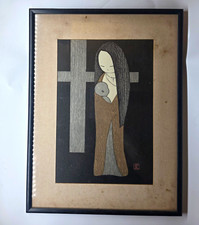 Kaoru Kawano Signed Japanese Woodblock Print Cross Madonna and Child Framed Art picture