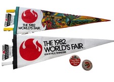 2 Vintage KNOXVILLE Tennessee TN PENNANTS - 1982 WORLD'S FAIR + Button & Sticker picture