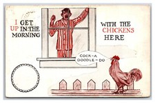 Comic Man Yawning at Rooster I Get Up With The Chickens Here DB Postcard S3 picture