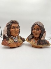Vintage 1992 Native American Indian Couple Ceramic Head Bust Statues Ht. 10.5” picture
