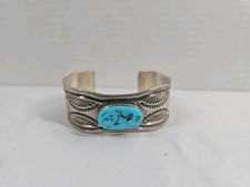 Vintage Navajo Kenneth Bill Sterling Silver Stamped Turquoise Cuff Bracelet picture