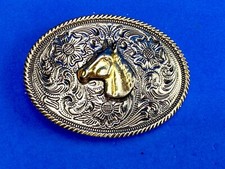 Horse Head Centered On Western Mixed Metal Belt Buckle Beautiful Flower Swirl picture