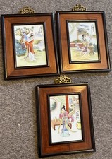 Vintage Chinese Painted Porcelain Art Plaque In Wood Frame Set Of 3 Beautiful picture
