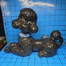 Vtg Retro MCM Black Poodle Large 11” Ceramic Figurine Blue Collar Painted Eyes picture