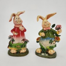 2 Vintage Resin Bunny Rabbit Boy and Girl Figurines Holding Flowers Easter picture