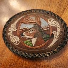 Buck Deer Stag Head Embossed on Leather Hunter Sportsman Cowboy Belt Buckle picture