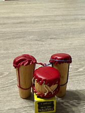 Vintage Panama Miniature 3 Drum Set Wood Leather Folk Art Souvenir Handmade picture