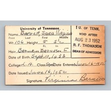 1952 University of Tennessee Student ID Card Knoxville UT Vols picture