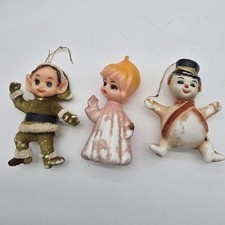 Vintage Christmas Ornaments Mixed Flocked Felt Fabric Lot Of 3 Elf Angel Frosty picture