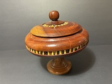 Vintage Olive Wood Inlaid Porcupine Quill Accent Lidded Round Bowl Trinket Box picture