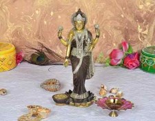 Brass Goddess Lakshmi Standing On Lotus Idol Statue for Home Worship Diwali Gift picture