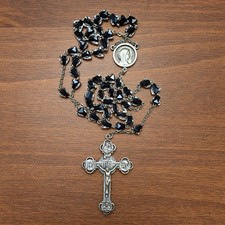 Vintage AFCO Sterling Silver Rosary Black Faceted Beads Ornate IHS Crucifix picture