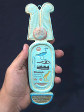 Ancient Egyptian Antiques Winged Sun Disk Plaque Horus Hieroglyphs Blue Gold picture