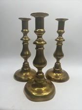 3 Antique Brass Push Up Candlesticks 9” picture