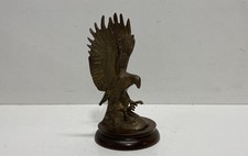 Eagle Figurine Cast Metal Brass Tone 9 Inch Tall On Wooden Base Vintage Style picture