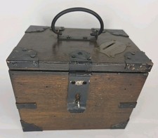 Antique Misers Box Wooden Coin Bank Stamped Steel Hardware picture