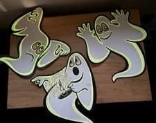 Vintage 80s Set 3 Beistle USA Nite-Glo Glow In The Dark Ghosts Die Cut, 1-Sided picture