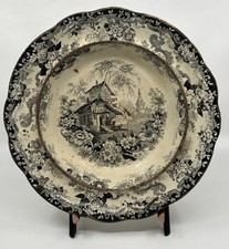 Antique Minton Transferware Soup Bowl Black White English Staffordshire Pottery picture