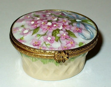 LIMOGES FRANCE BOX ~ EASTER FLOWER BASKET ~ PINK FORGET-ME-NOTS ~ RIBBON & BOW picture