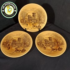 Vintage Brown Transferware Victorian Mansion Plates Horse Carriage Set 3 picture