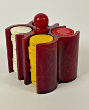 Vintage Mini Bakelite Catalin Poker Chip Caddy Marbled Red 99.35g w Plastic Chip picture