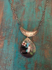 Vintage Zuni Inlay Necklace Ruddell Nancy Laconsello Sterling Silver Bird Flower picture