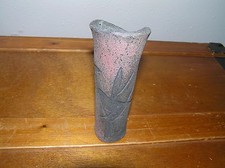 Estate Handcrafted Midnight Blue with Pink Bird Perched on Flower Grass Pottery  picture