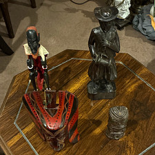 Handmade Hand Carved Wooden African Mask & 3 Carved Figures Lot of 4 picture