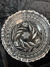 Lead Crystal Serving Bowl Etched Floral Pattern Sawtooth Scalloped Edge 6” picture