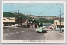 Port Alberni BC Argyle Street Cars Stores Hand Colored RPPC Postcard picture