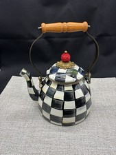 MacKenzie Childs 2qt? Courtly Check Enamel Teapot Wood handle & Red Lid Knob picture