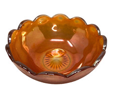 CARNIVAL GLASS Bowl Iridescent Marigold Scalloped Edges Crackle 7.25 In Chip picture