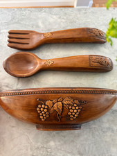 Vintage 1971 Wood Spoon Fork Bowl Wall Hangers/Decor Grapes 3 Pc picture