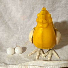 Vintage Yellow Plastic Chicken Collectible Figurine with 3 White Eggs 1959-1960 picture