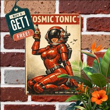 Sci-Fi Astronaut Pinup Girl Sign Retro Space Helmet Cosmos Metal Plaque picture