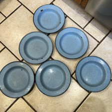 Vintage Set of Six Graniteware Speakleware Enamelware Bowls Light Blue White picture